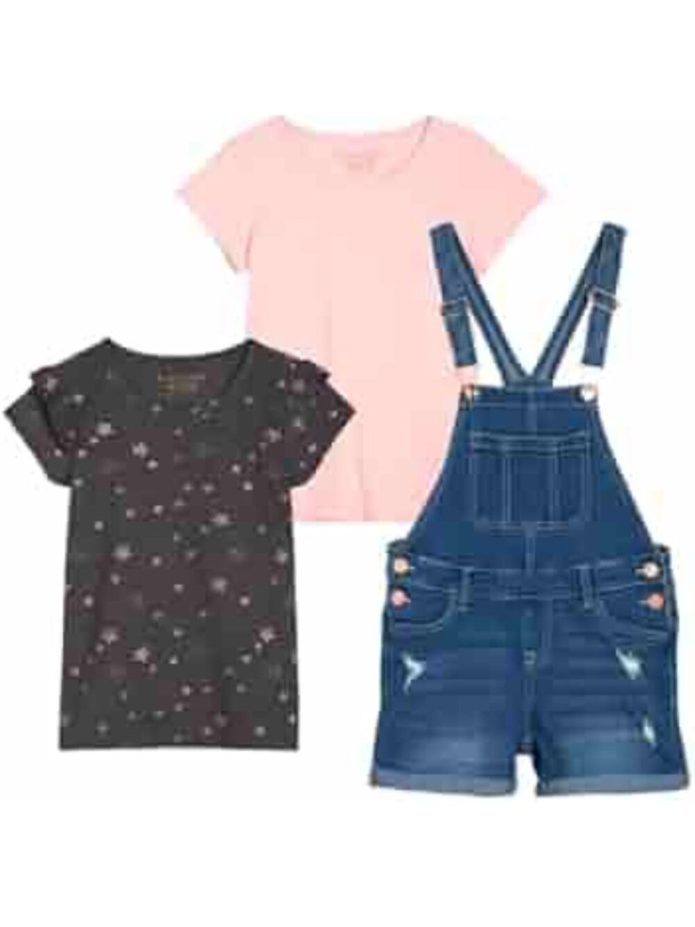 Vigoss Girls 3-Piece Outfit Set L Pink & Gray Star Shirts With Denim Overall Sho